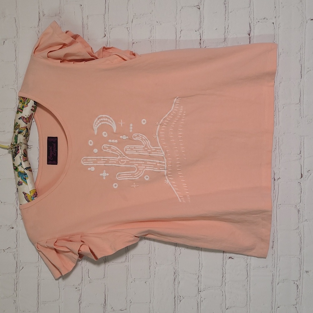 Cowgirl Legend Peach Ruffle Sleeve Embroidered Cactus Desert Night Tee Tshirt LG